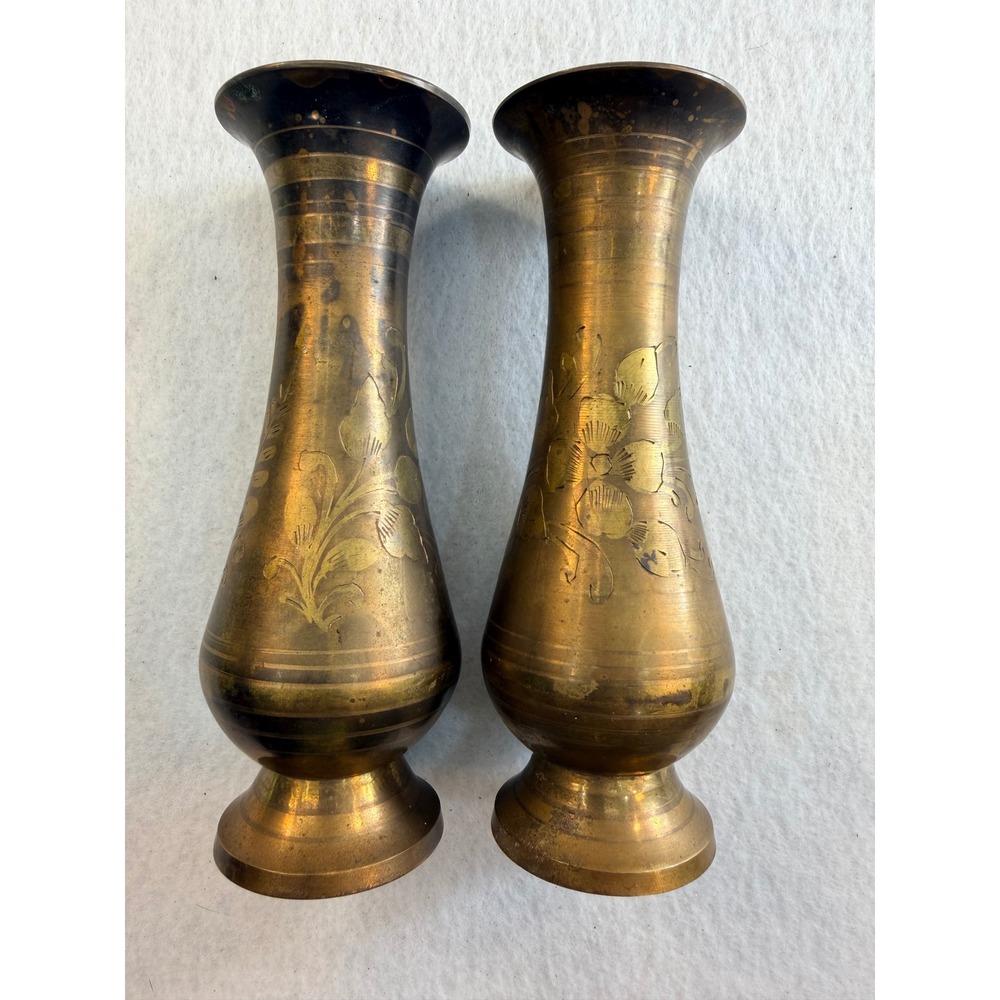 Vintage Brass Bud Vases Pair Made in India Engraved Floral 7" Boho Decor